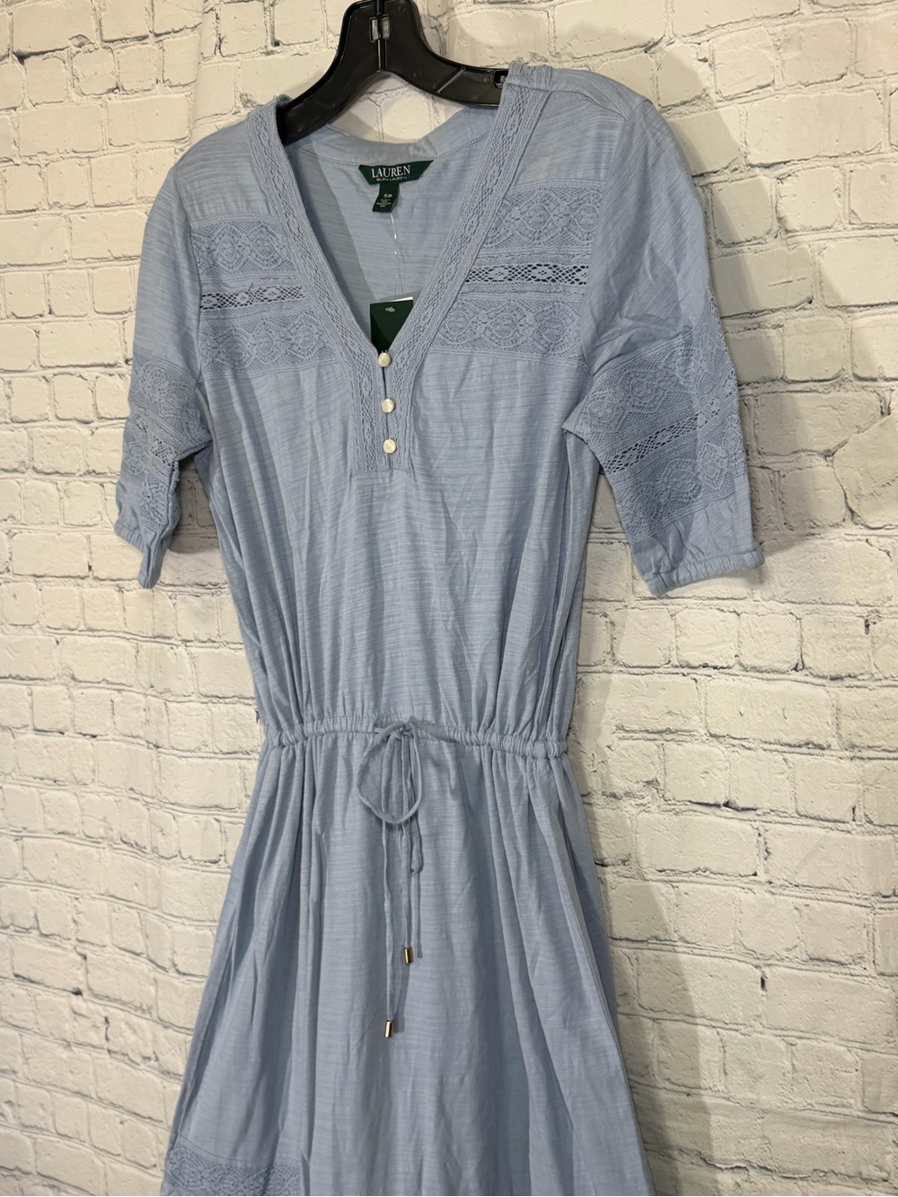 Lauren Ralph Lauren Soft Light Blue Knit Lace Trim Drawstring Maxi Dress Sz S